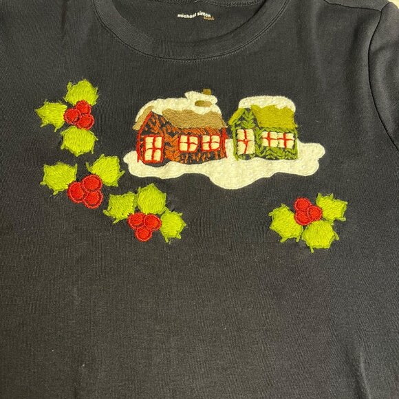 Michael Simon Vintage Y2K Christmas Embroidered Houses M Beaded Shirt Womens - Picture 6 of 11